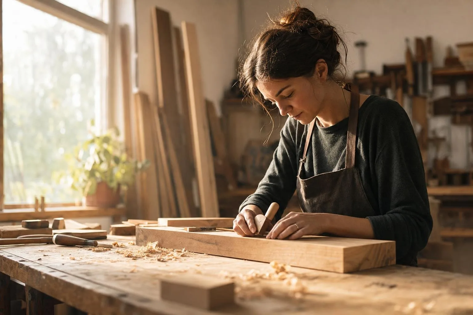Wood-grain macro band — oak growth rings, hand-plane shavings and warm oiled timber
